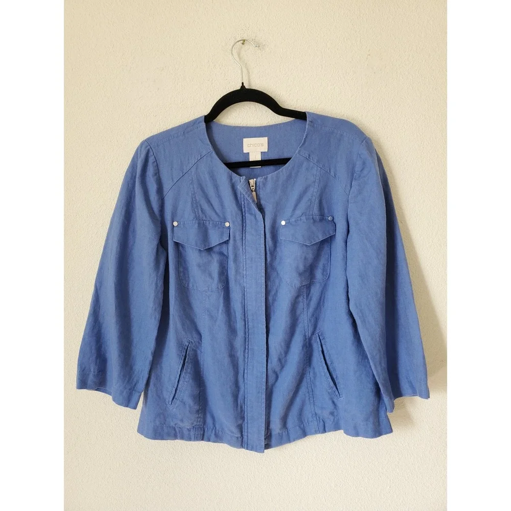 Chico's 1 Blue 100% Linen Jacket Collarless Zip Front‎ 3/4 Sleeve Medium